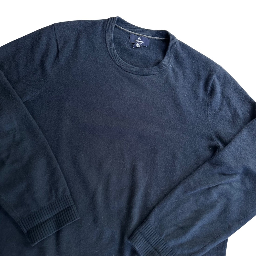 Lands End Mens 100% Cashmere Crewneck Sweater Navy Blue Size L 42-44